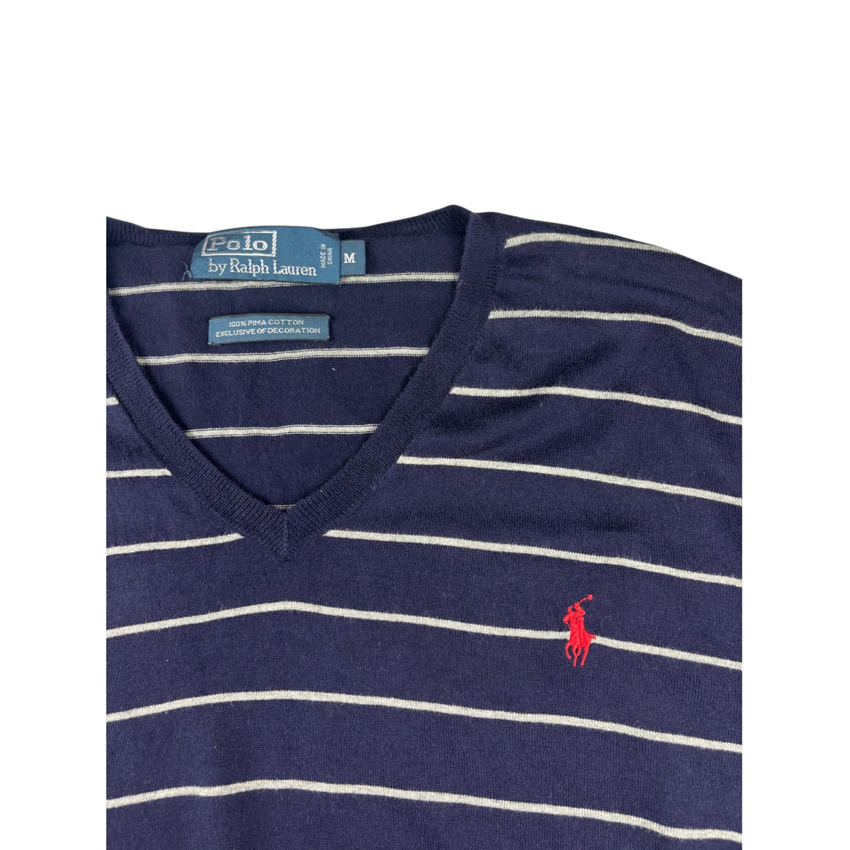 Polo Ralph Lauren Strickpullover blau gestreift V-Neck M Vintage Sweater