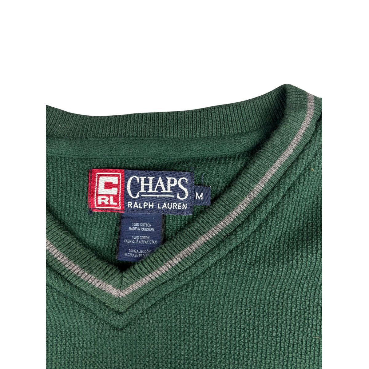 Vintage Chaps Ralph Lauren V-Neck Langarm Grün Waffelstrick Longsleeve XL