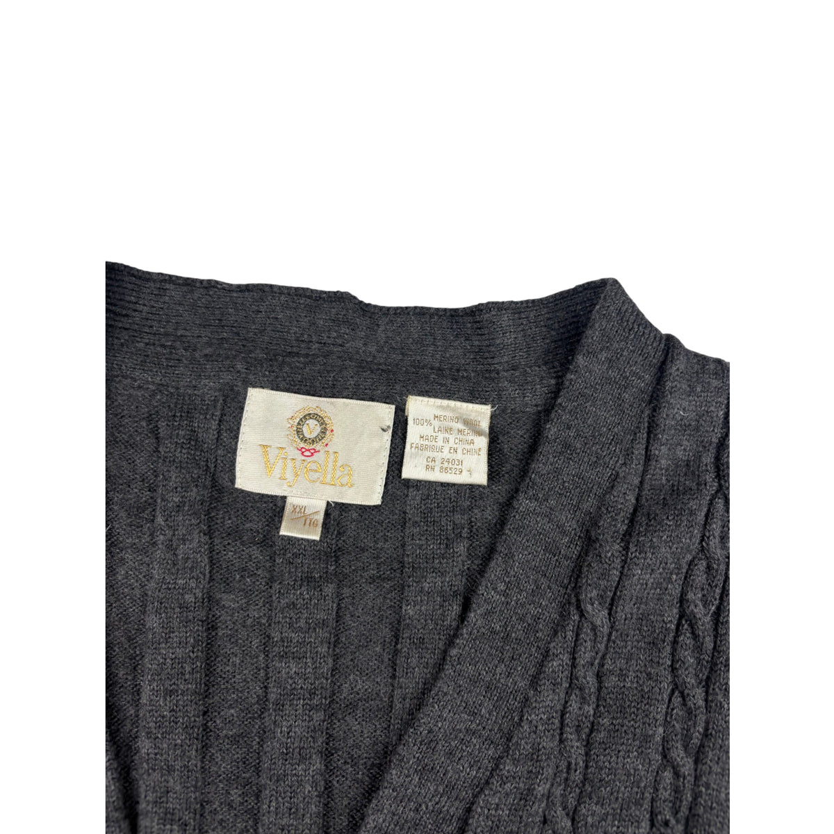 Vintage Viyella Zopfstrick Weste Anthrazit XXL Knöpfe V-Neck Merino
