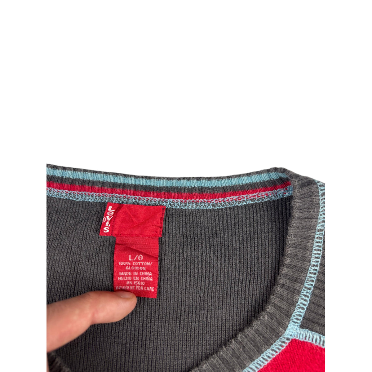 Vintage Levis V-Neck Strickpullover dunkelgrau rot L