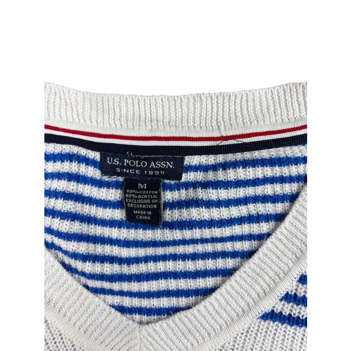 Vintage U.s. Polo Assn. Strickpullover weiß blau gestreift M V-Neck