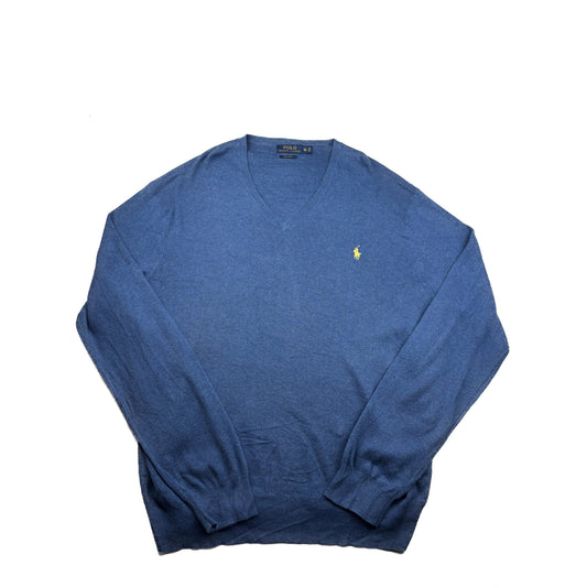 Polo Ralph Lauren V-Neck Strickpullover blau gelbes Stick Logo XL Sweater