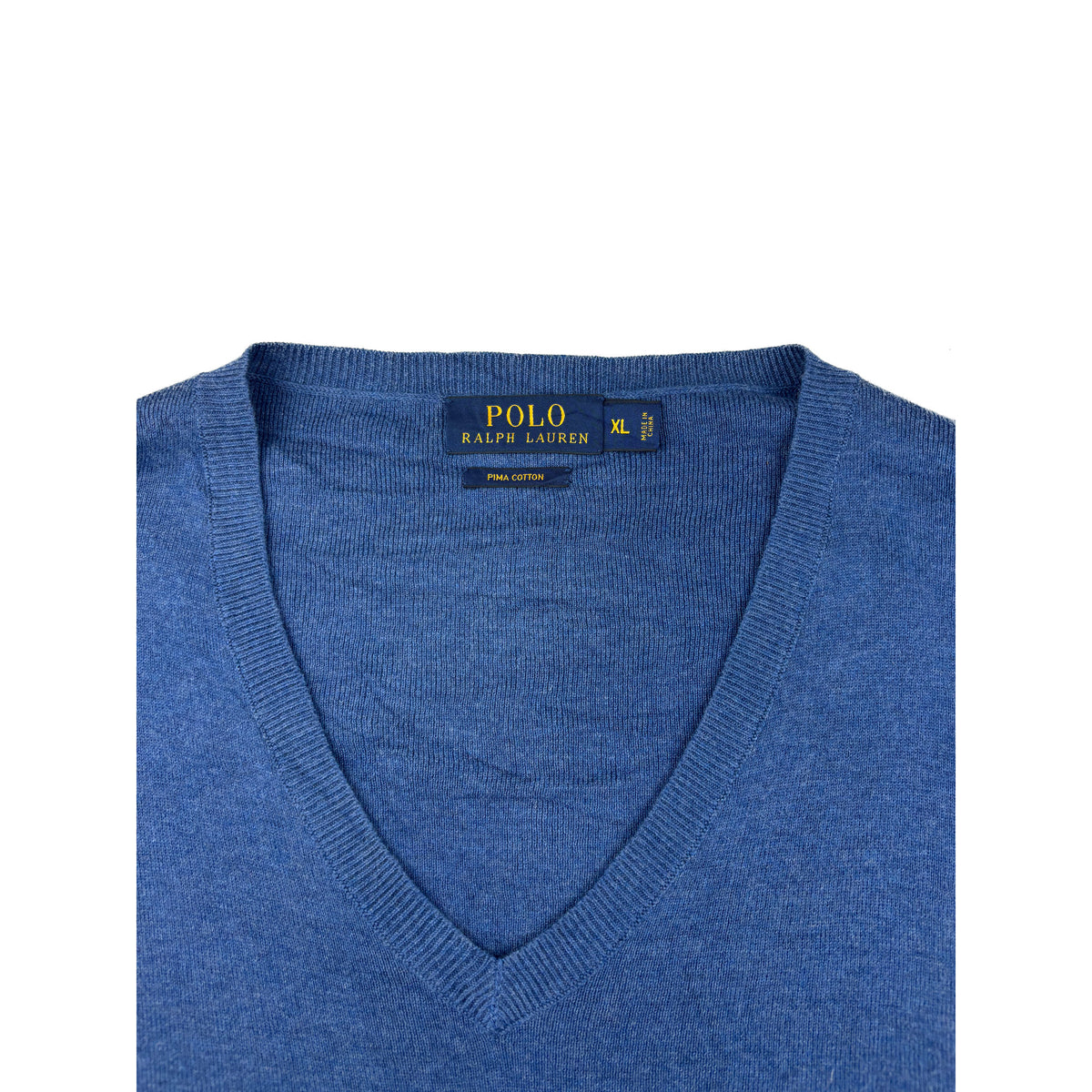 Polo Ralph Lauren V-Neck Strickpullover blau gelbes Stick Logo XL Sweater