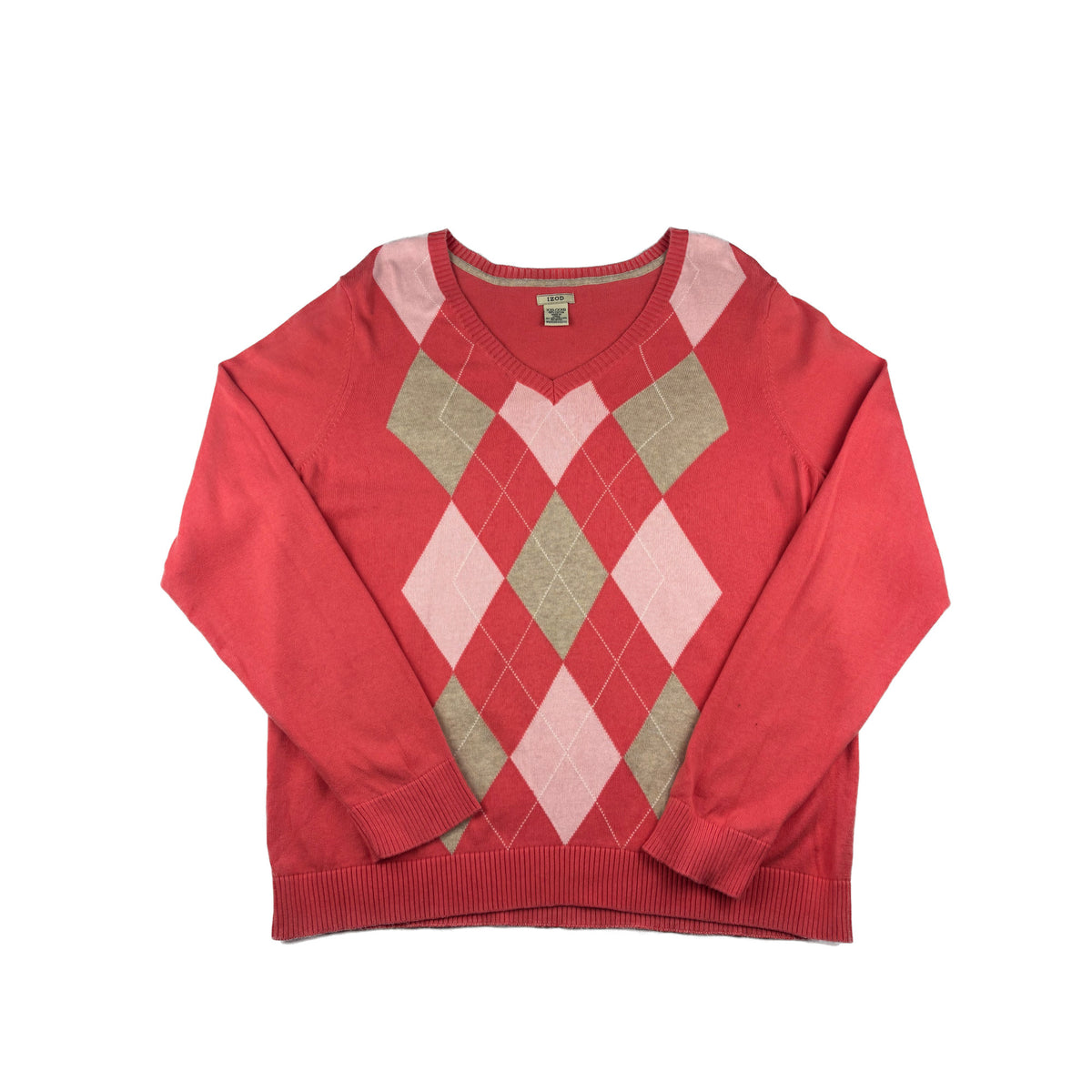 Izod Vintage Argyle Rautenmuster Strickpullover Koralle pink XXL Damen V-Neck