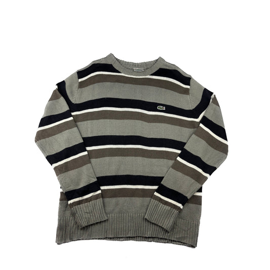 Lacoste Strickpullover grau gestreift Logo XL Vintage Pullover