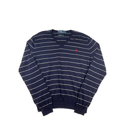 Polo Ralph Lauren Strickpullover blau gestreift V-Neck M Vintage Sweater
