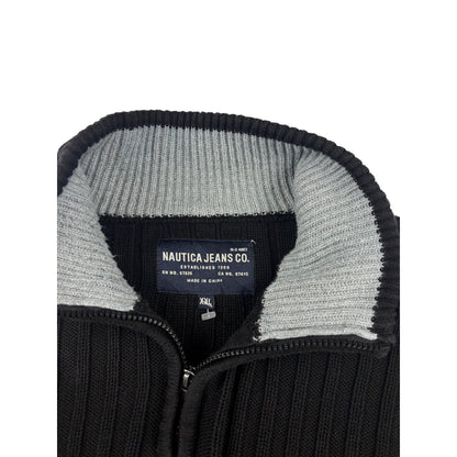 Nautica 1/4 Zip Pullover Schwarz Rippstrick Troyer XL Vintage Strickpullover