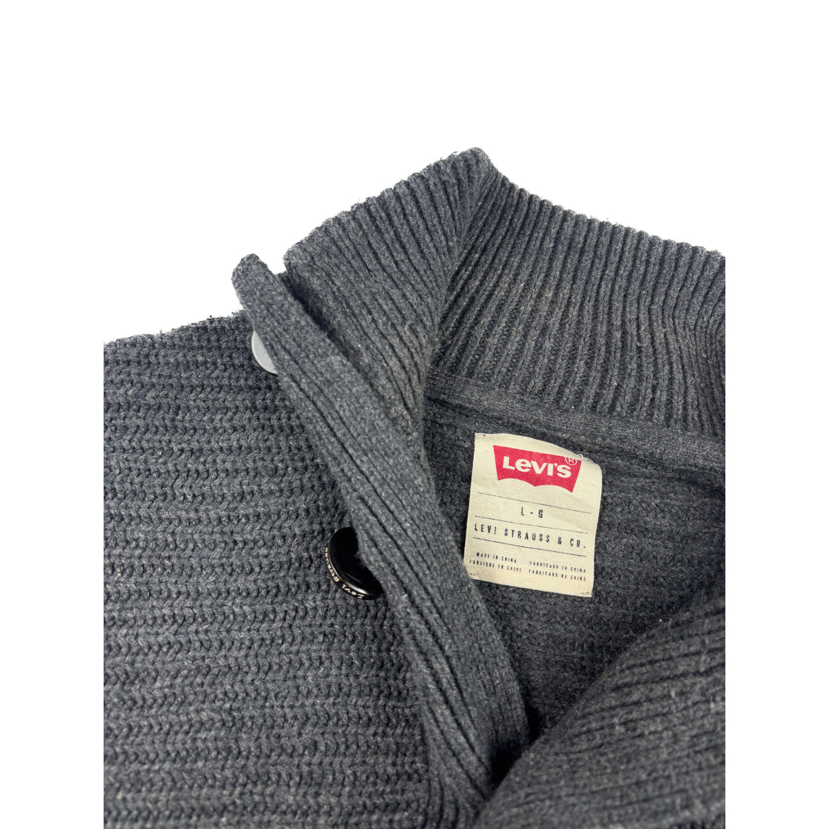 Levis Grobstrick Pullover dunkelgrau meliert Stehkragen Knöpfe L
