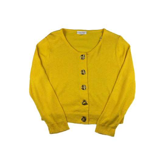 Vintage Calvin Klein Cardigan gelb goldene Schnallen-Knöpfe Feinstrick M