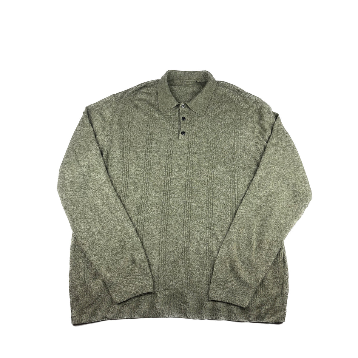 Vintage Feinstrick Langarm Poloshirt olive-grün Text Muster XL