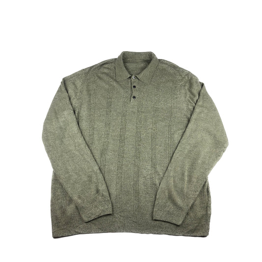 Vintage Feinstrick Langarm Poloshirt olive-grün Text Muster XL