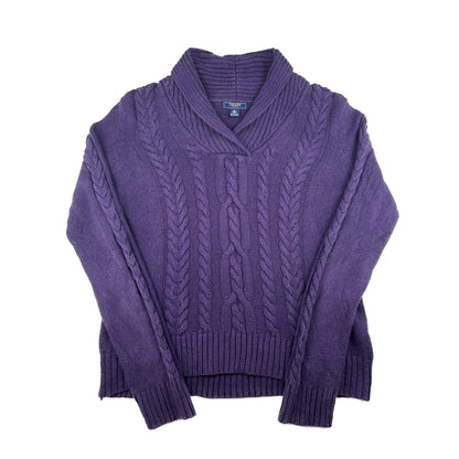 Vintage Chaps Schalkragen Zopfstrick Pullover Lila XL Shawl Collar