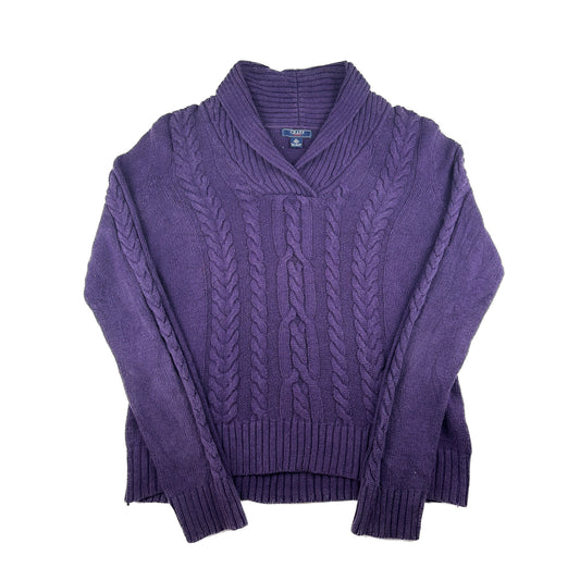 Vintage Chaps Schalkragen Zopfstrick Pullover Lila XL Shawl Collar