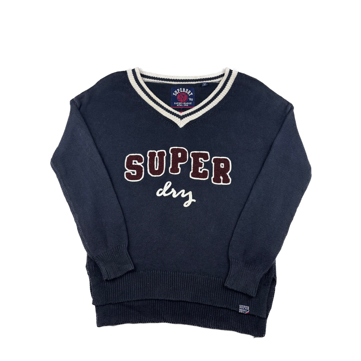 Vintage Superdry V-Neck Strickpullover dunkelblau S Applikation College Look