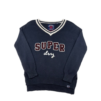 Vintage Superdry V-Neck Strickpullover dunkelblau S Applikation College Look
