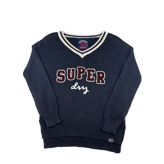 Vintage Superdry V-Neck Strickpullover dunkelblau S Applikation College Look