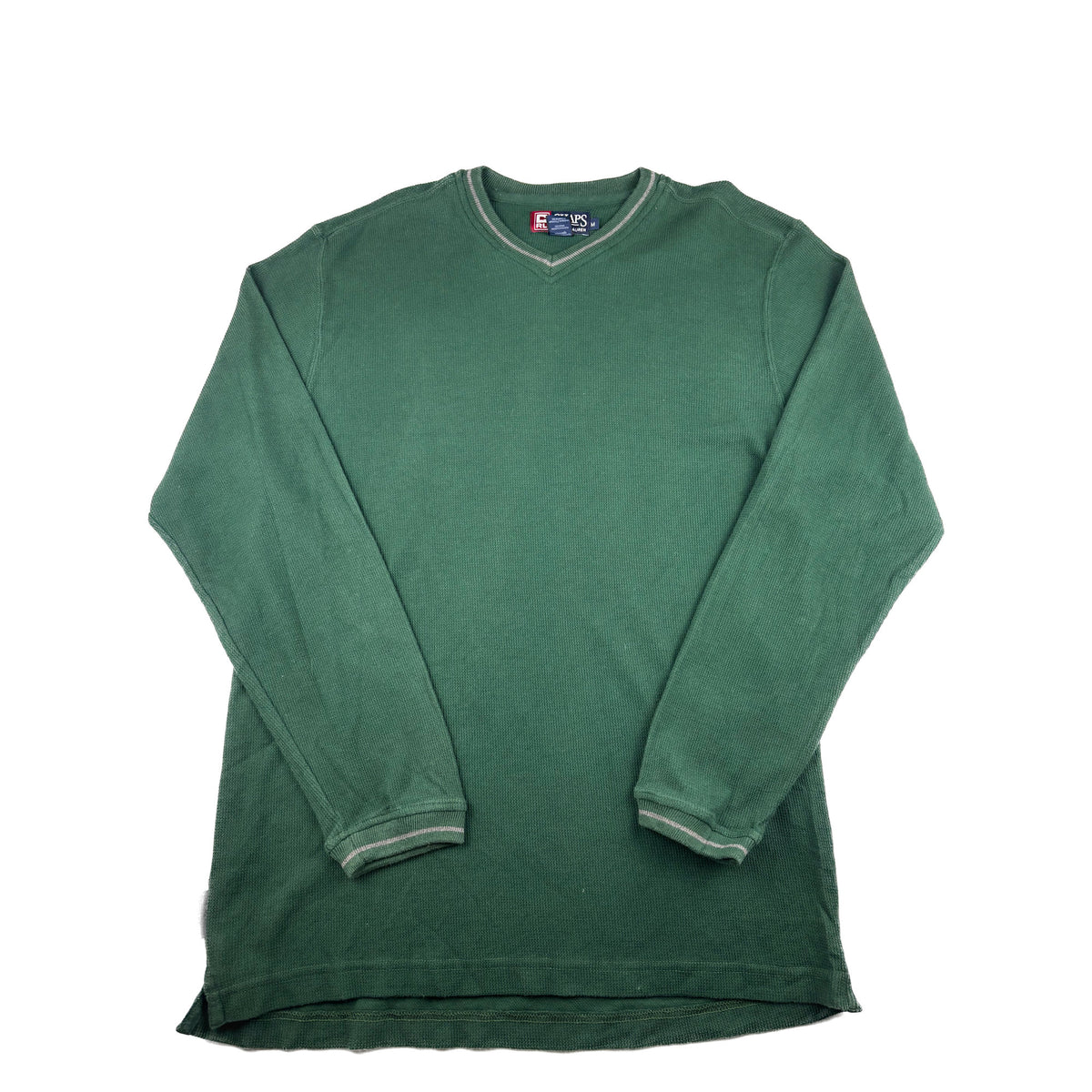 Vintage Chaps Ralph Lauren V-Neck Langarm Grün Waffelstrick Longsleeve XL