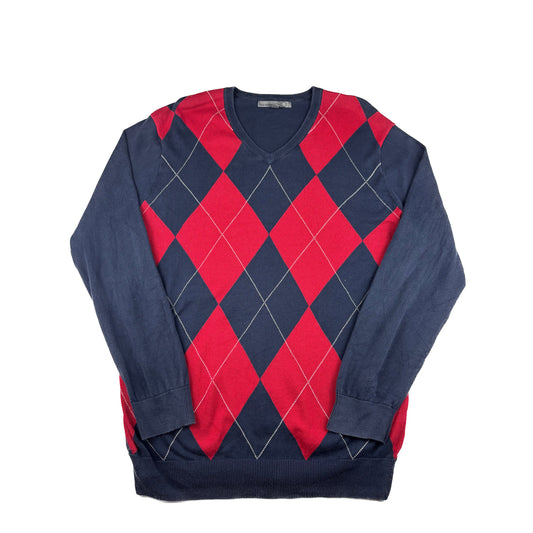 Vintage Old Navy V-Neck Strickpullover Argyle Rautenmuster blau rot L