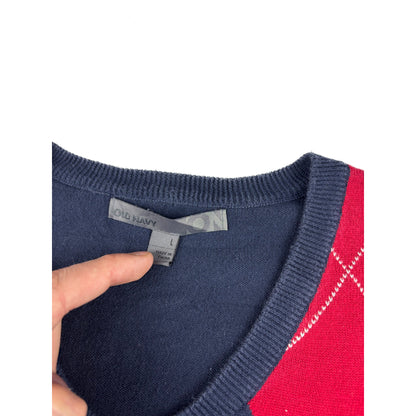 Vintage Old Navy V-Neck Strickpullover Argyle Rautenmuster blau rot L