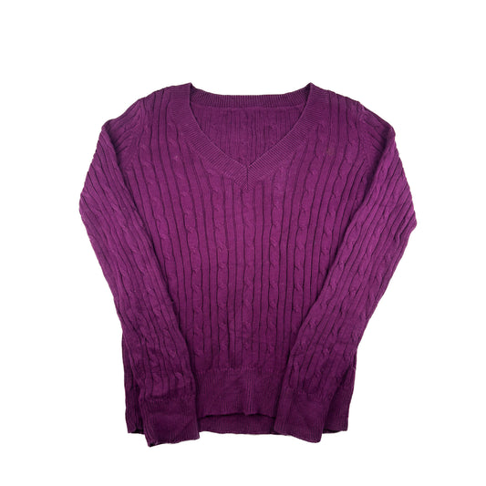 Vintage Chaps V-Neck Zopfstrick pullover lila Violett L Feinstrick