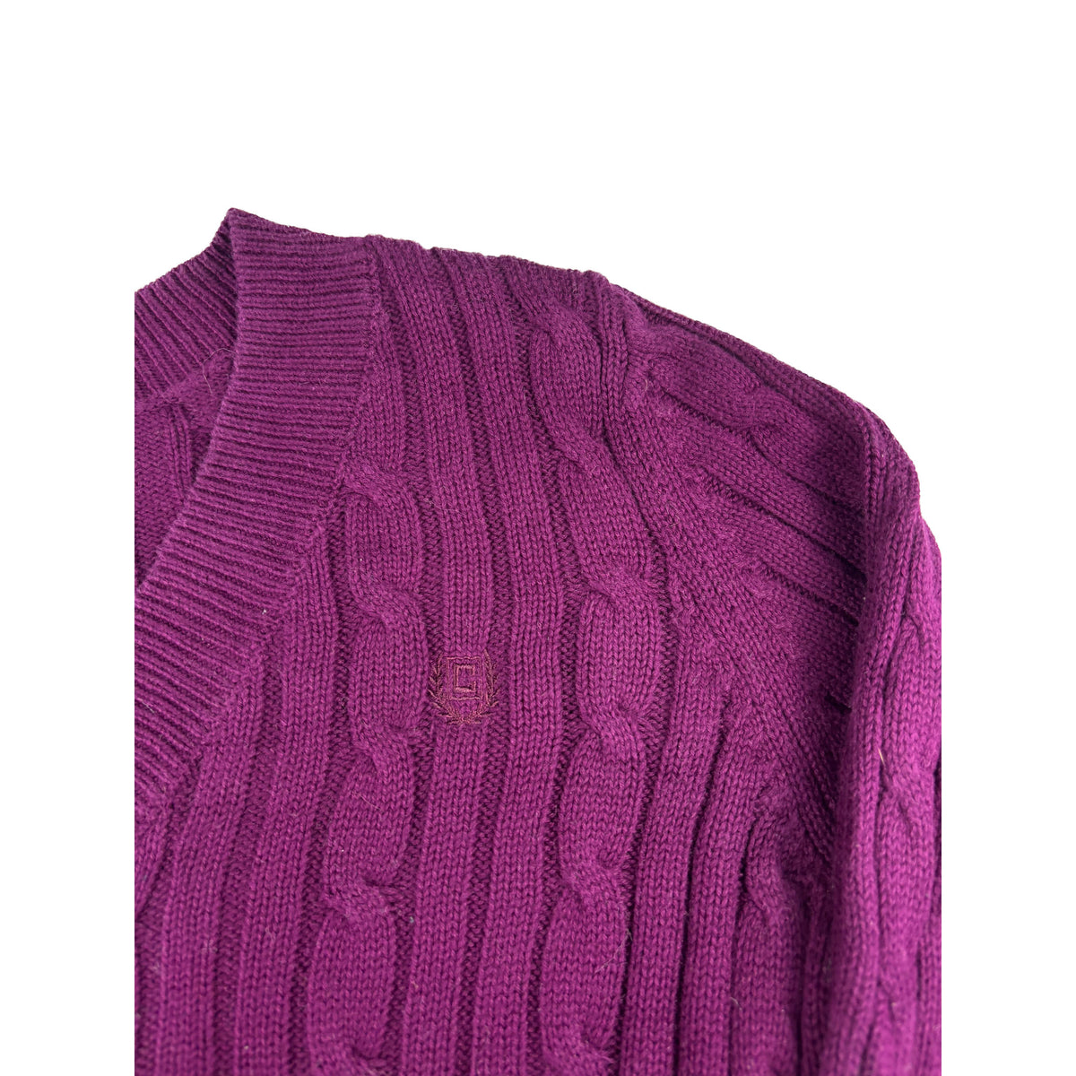 Vintage Chaps V-Neck Zopfstrick pullover lila Violett L Feinstrick