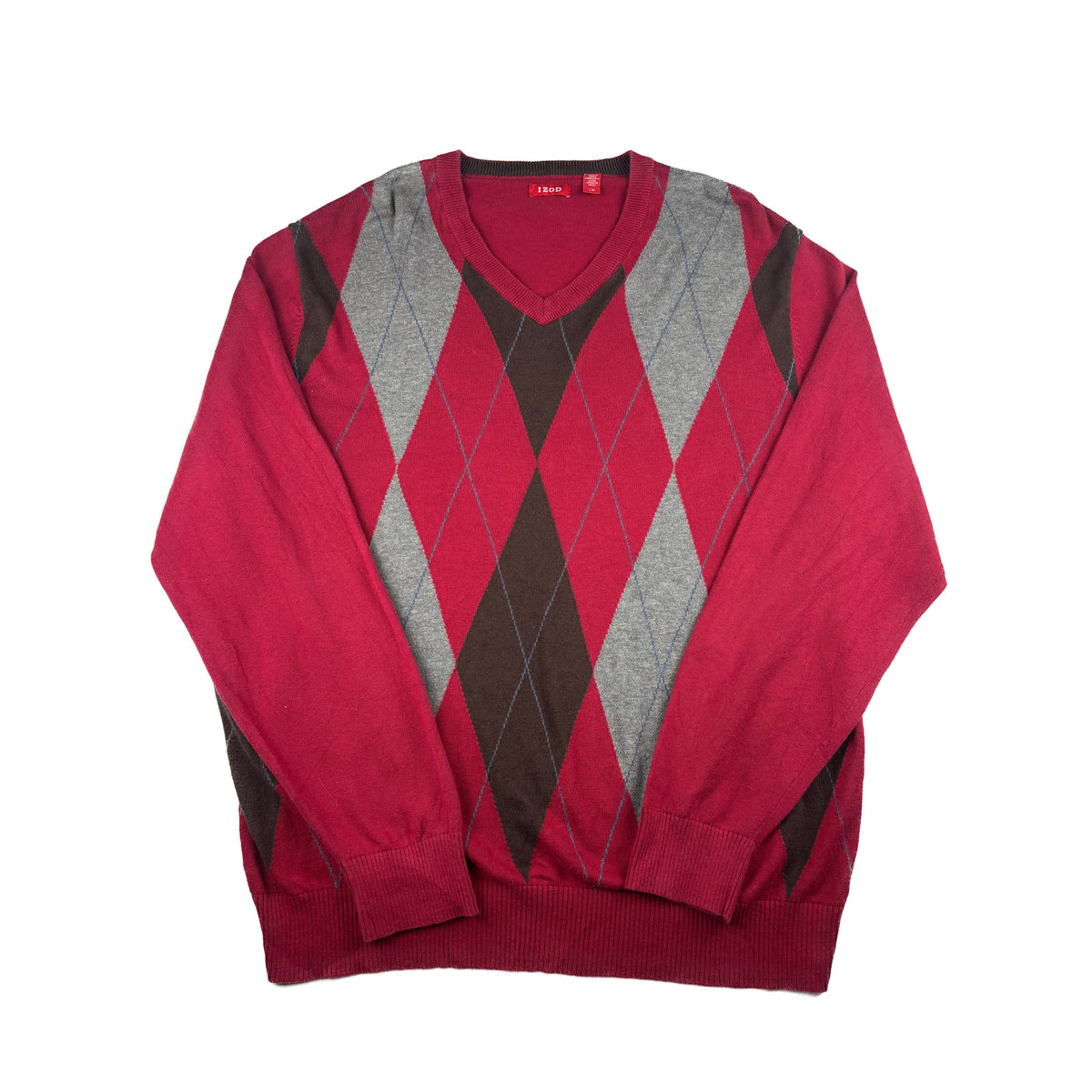 Vintage IZOD V-Neck Strickpullover Argle Rautenmuster Rot Grau L