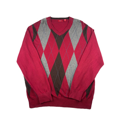 Vintage IZOD V-Neck Strickpullover Argle Rautenmuster Rot Grau L