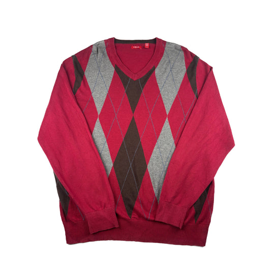 Vintage IZOD V-Neck Strickpullover Argle Rautenmuster Rot Grau L