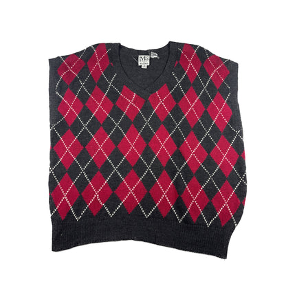 Vintage MS Russ Argyle Strickweste Rautenmuster grau rot XL V-Neck