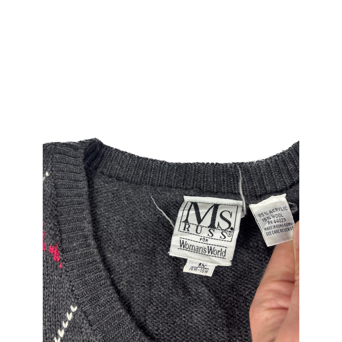 Vintage MS Russ Argyle Strickweste Rautenmuster grau rot XL V-Neck