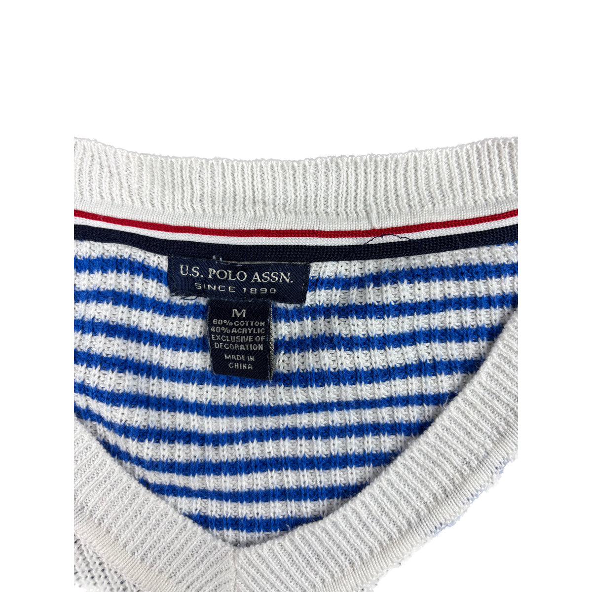 Vintage U.s. Polo Assn. Strickpullover weiß blau gestreift M V-Neck