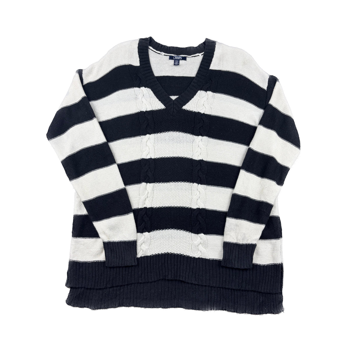 Vintage Chaps V-Neck Strickpullover schwarz weiß gestreift M Zopfstrick
