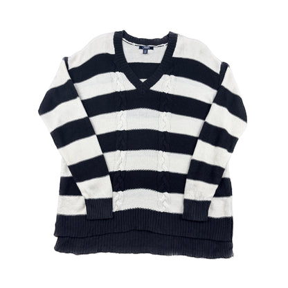 Vintage Chaps V-Neck Strickpullover schwarz weiß gestreift M Zopfstrick