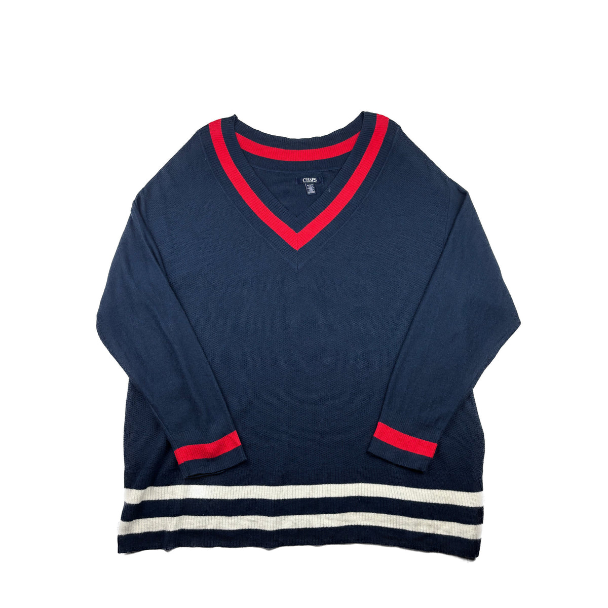Chaps Vintage V-Neck Pullover dunkelblau rot weiß XL Sweater