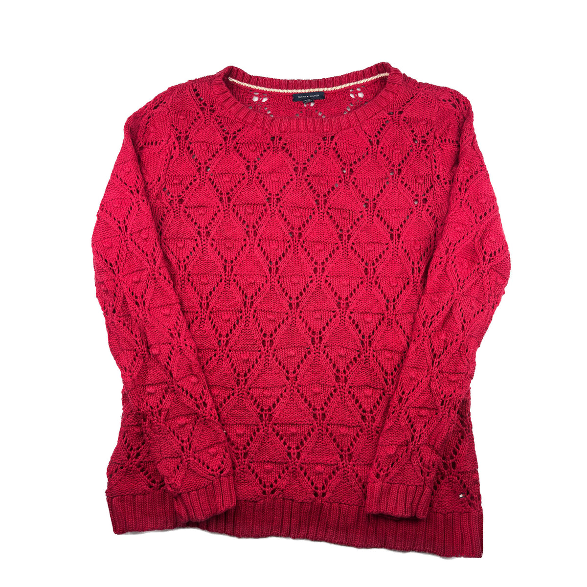 Tommy Hilfiger Vintage Strickpullover rot L Lochmuster Ajour Grobstrick Sweater