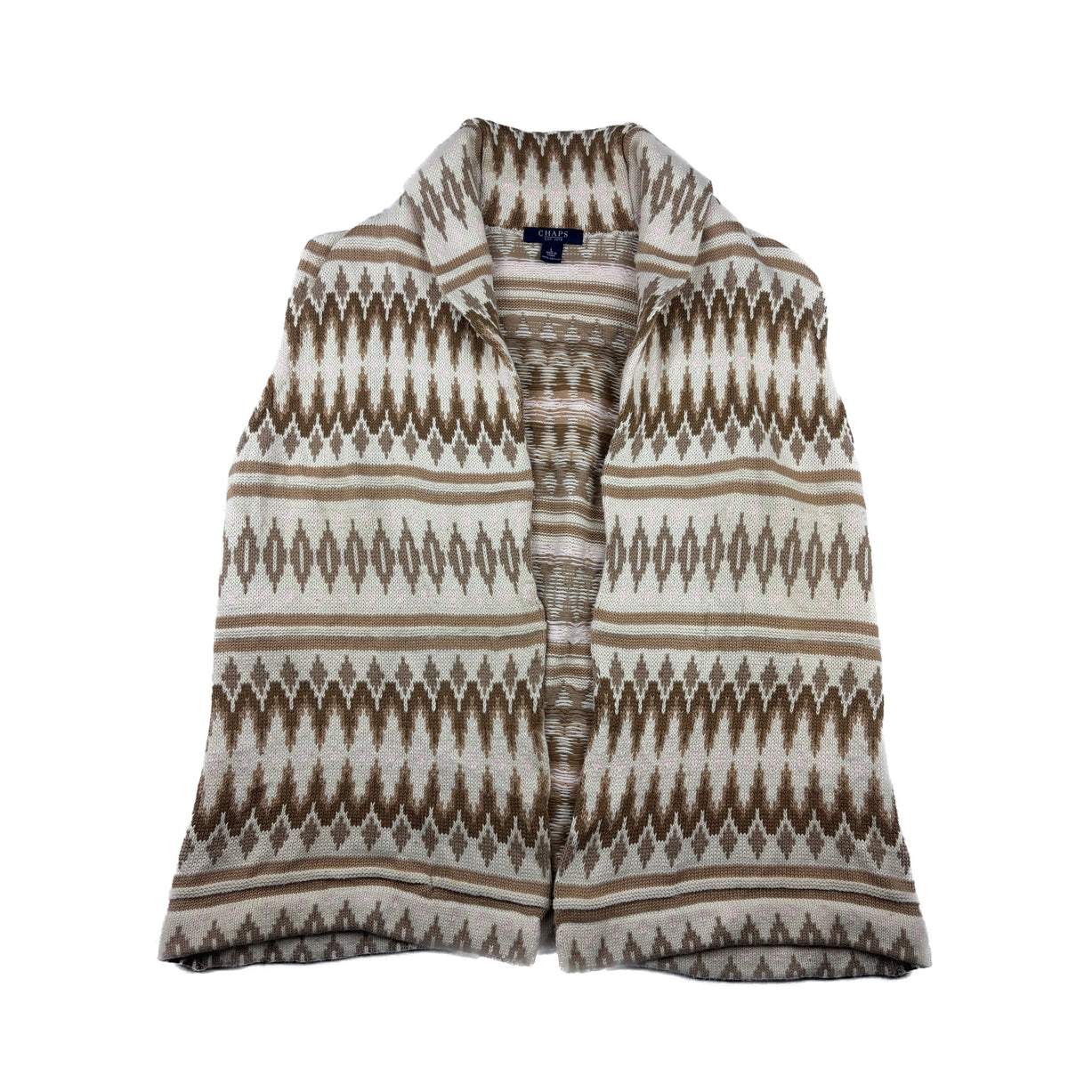 Chaps Vintage Strickweste beige braun Aztek muster L Open Cardigan Weste