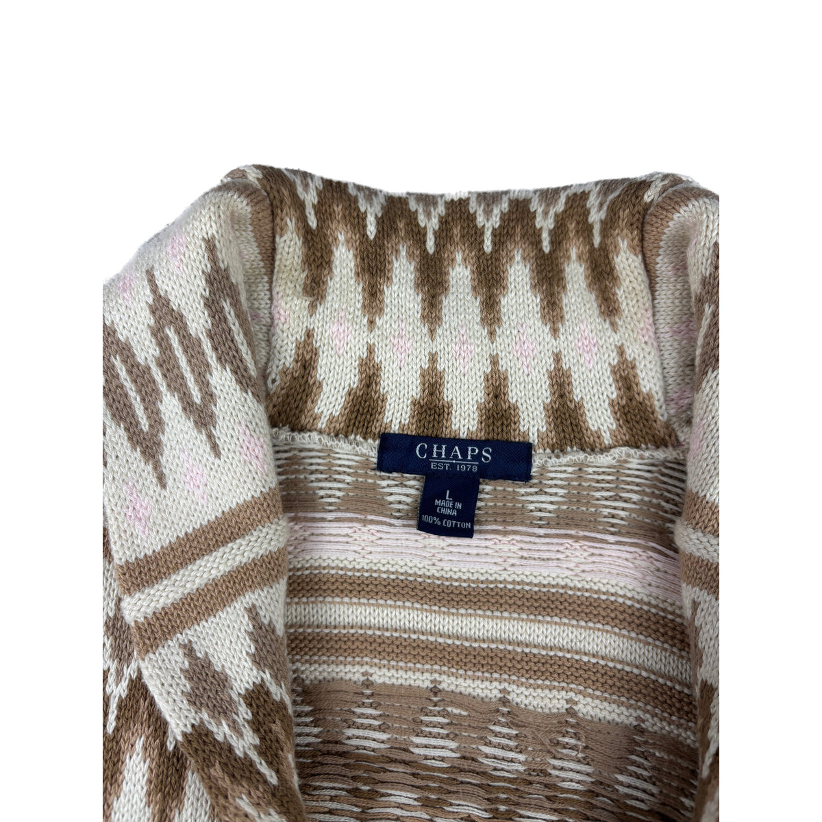 Chaps Vintage Strickweste beige braun Aztek muster L Open Cardigan Weste