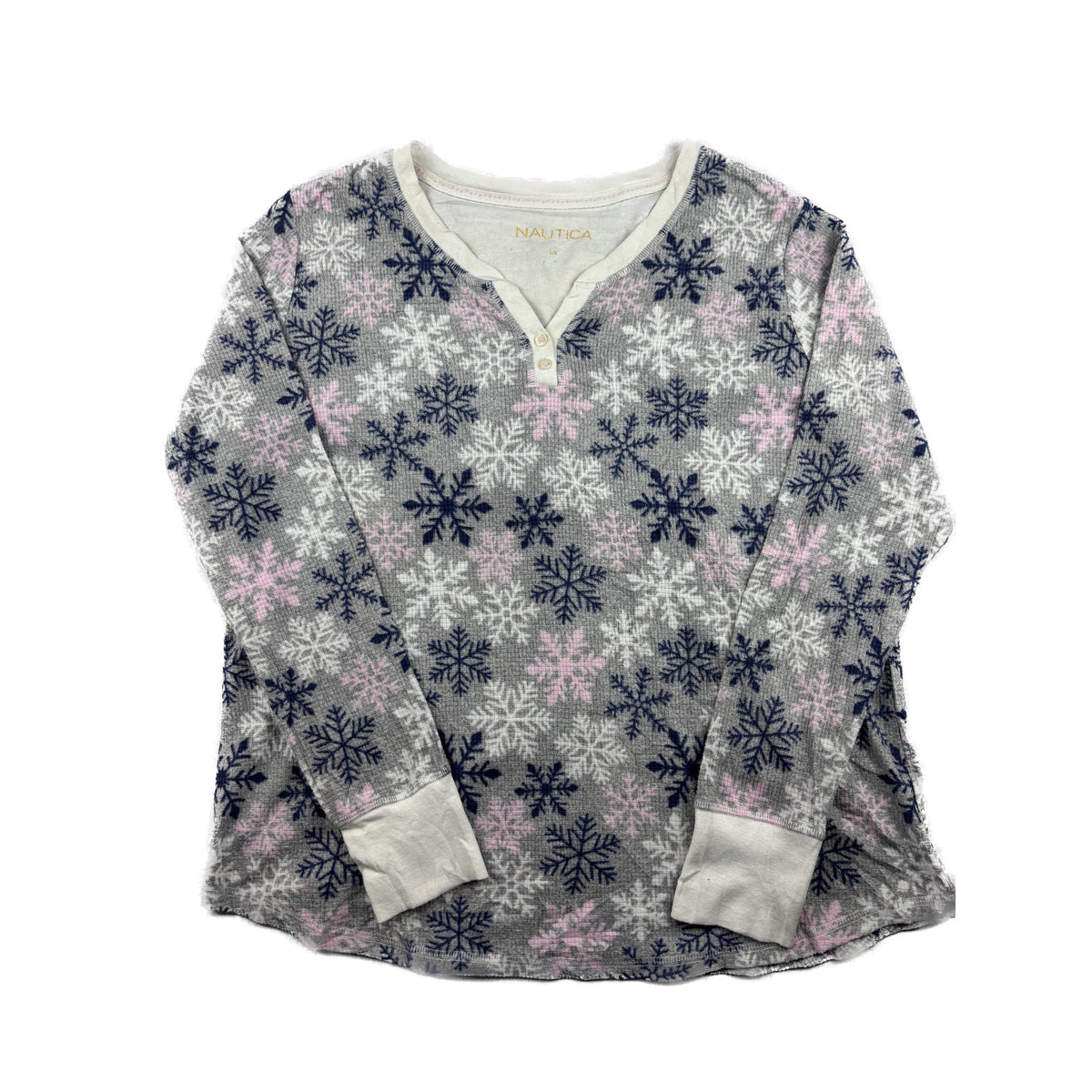 Nautica Vintage Waffle Knit Henley Longsleeve L Schneeflocken Muster