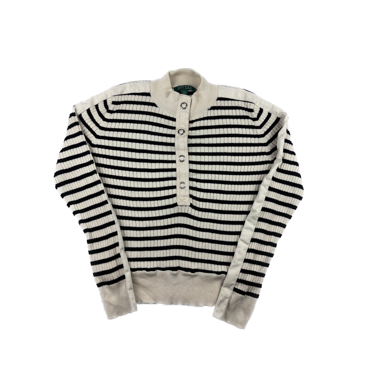 Ralph Lauren Gestreifter Rippstrick-Pullover L Creme-Schwarz