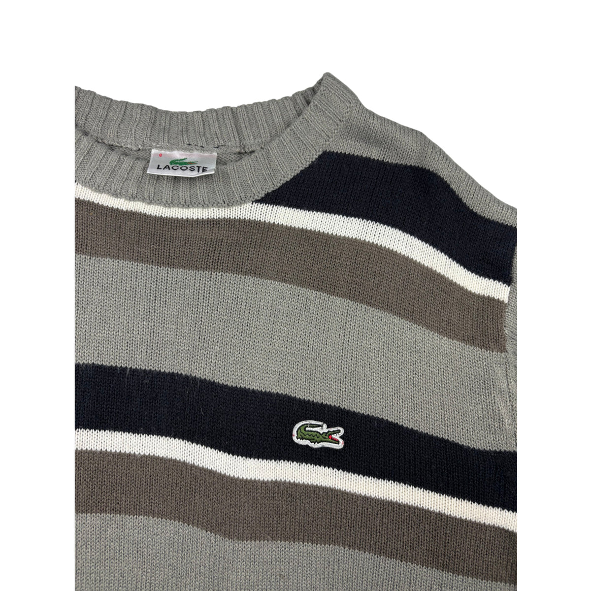 Lacoste Strickpullover grau gestreift Logo XL Vintage Pullover