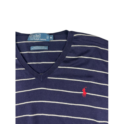Polo Ralph Lauren Strickpullover blau gestreift V-Neck M Vintage Sweater