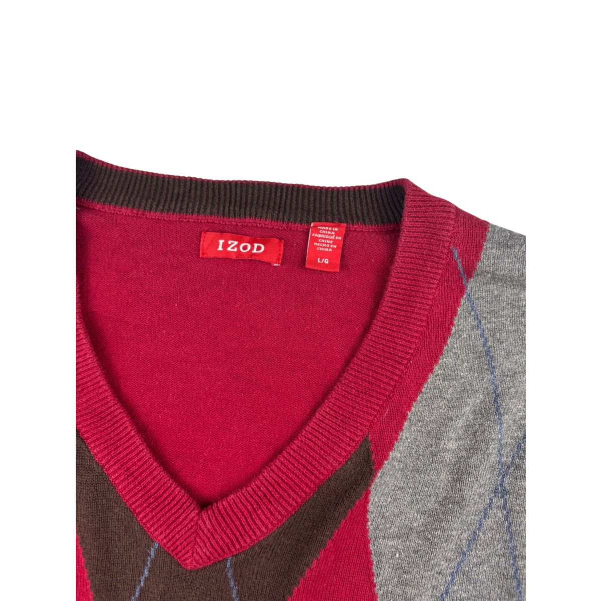 Vintage IZOD V-Neck Strickpullover Argle Rautenmuster Rot Grau L