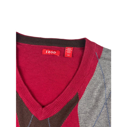 Vintage IZOD V-Neck Strickpullover Argle Rautenmuster Rot Grau L