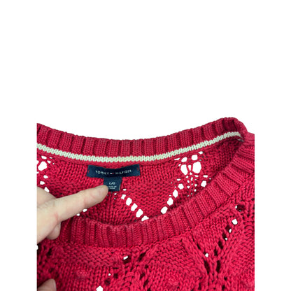 Tommy Hilfiger Vintage Strickpullover rot L Lochmuster Ajour Grobstrick Sweater