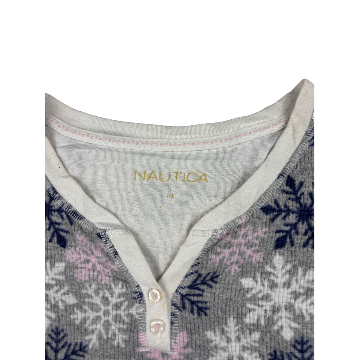 Nautica Vintage Waffle Knit Henley Longsleeve L Schneeflocken Muster